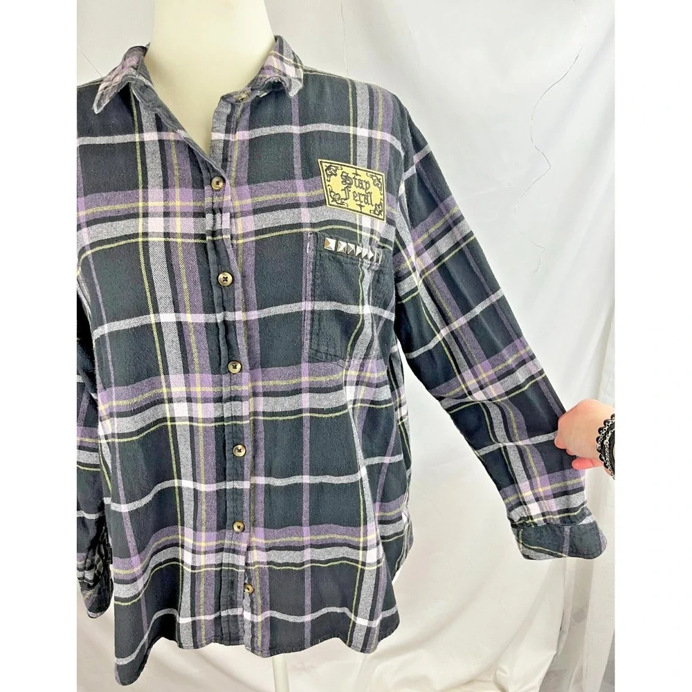 Sonoma Black and Purple Plaid Flannel with Back Graphic Patch - Picture 5 of 9